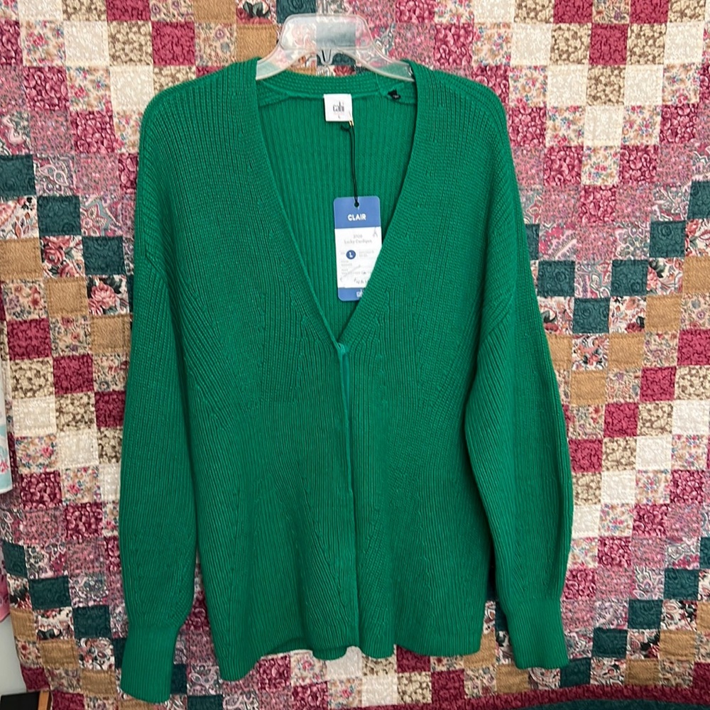 CAbi cardigan green sweater. Hidden snap closure. New w/tags. Long size Large
